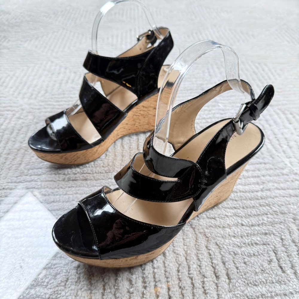 Nine West Edalina Wedge Sandals Womens 7.5 Black Patent Cork Platform Strappy